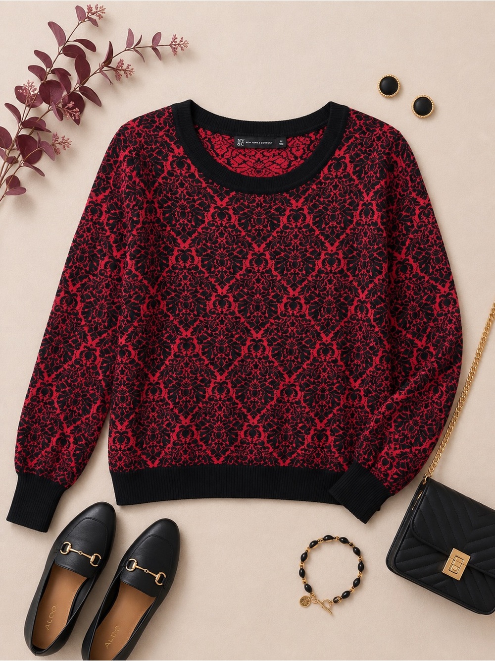 New York & Company Red & Black Lace Print Sweater Size Medium